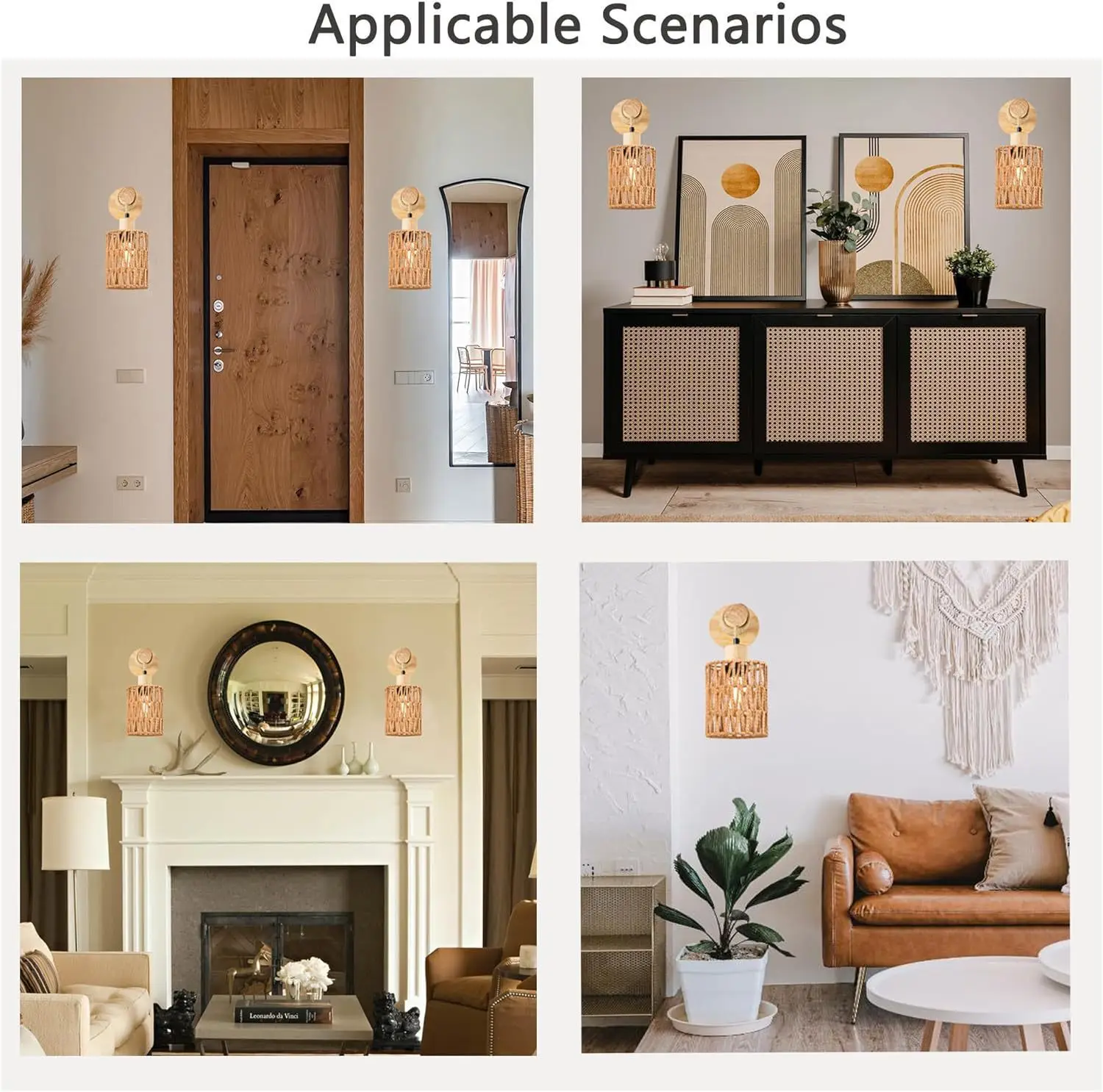 Easy Install Rattan Wall Sconces Wall Lights with Dimmable Boho Wall Mount Light Fixtures Wicker Wall lamp for Bedroom Nursery