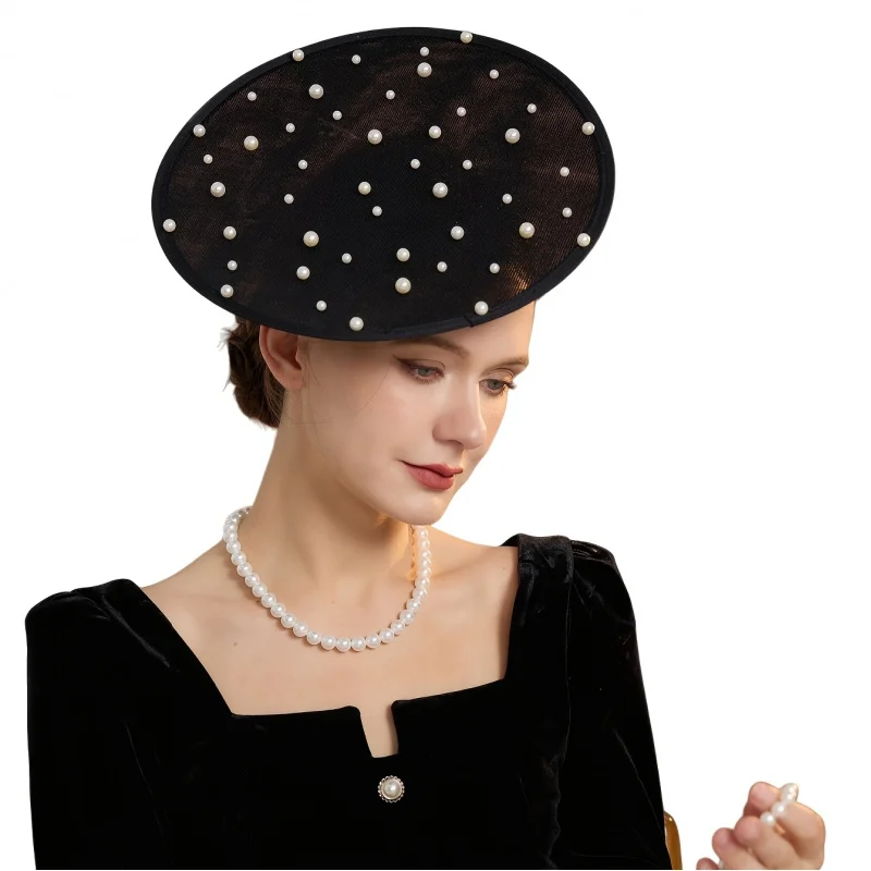 Coiffe en lin avec disque de perles, Chapeau fascinateur pour le jour de la course et les goûters, Accessoire capillaire de mariage, Coiffe de performance pour défilé