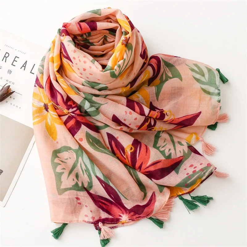 KYQIAO luxury brand scarves woman spring autumn leaves printed hijab head scarf travel neck scarves woman 2024 accessories