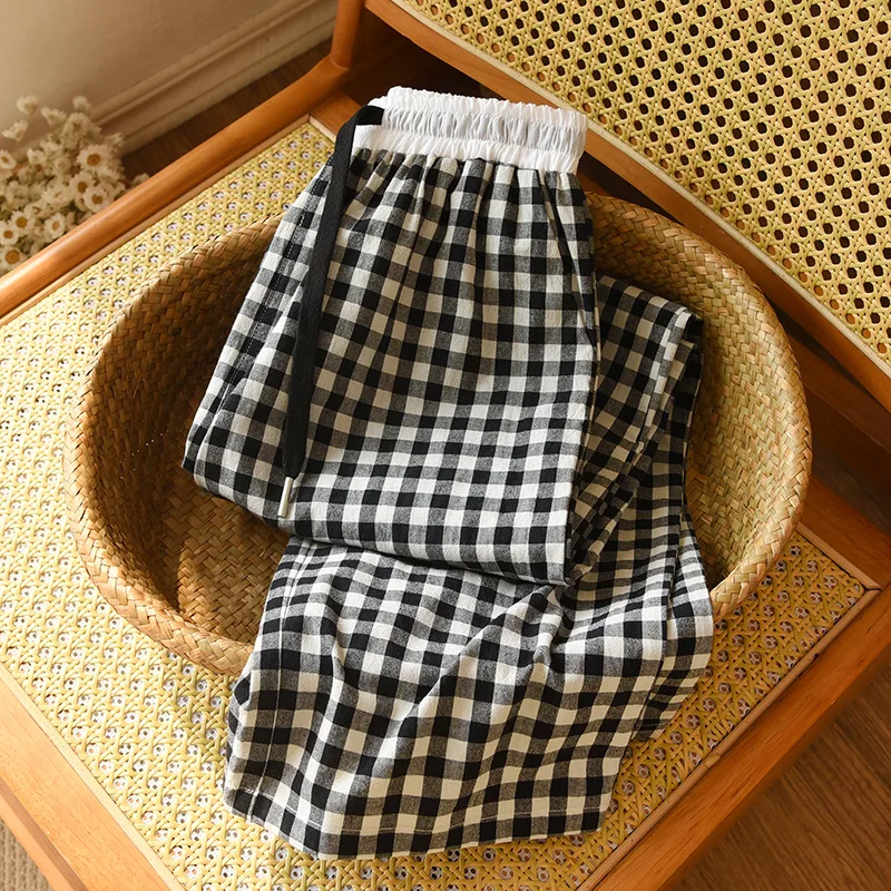 Cotton Plaid Pajama Pants for Women's Spring and Summer Thin Pants Loose Fitting Homewear Trousers Women Sleepwear Clothes