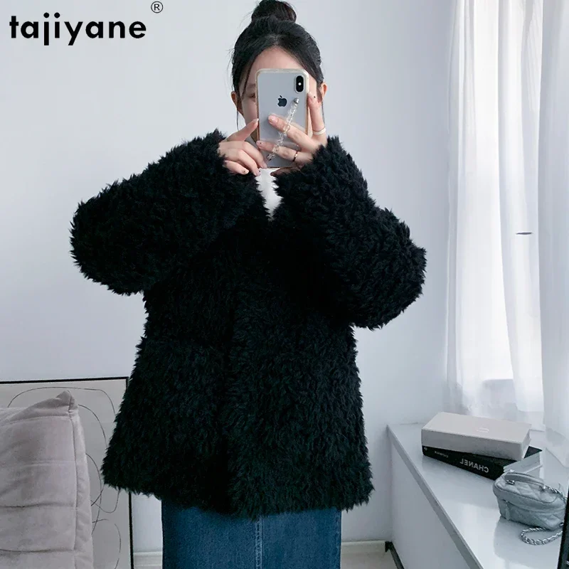 

Tajiyane Elegant 100% Sheep Shearing Jacket Women Winter 2023 New Fashion V-neck Wool Coat Ladies Coats and Jackets Chaquetas