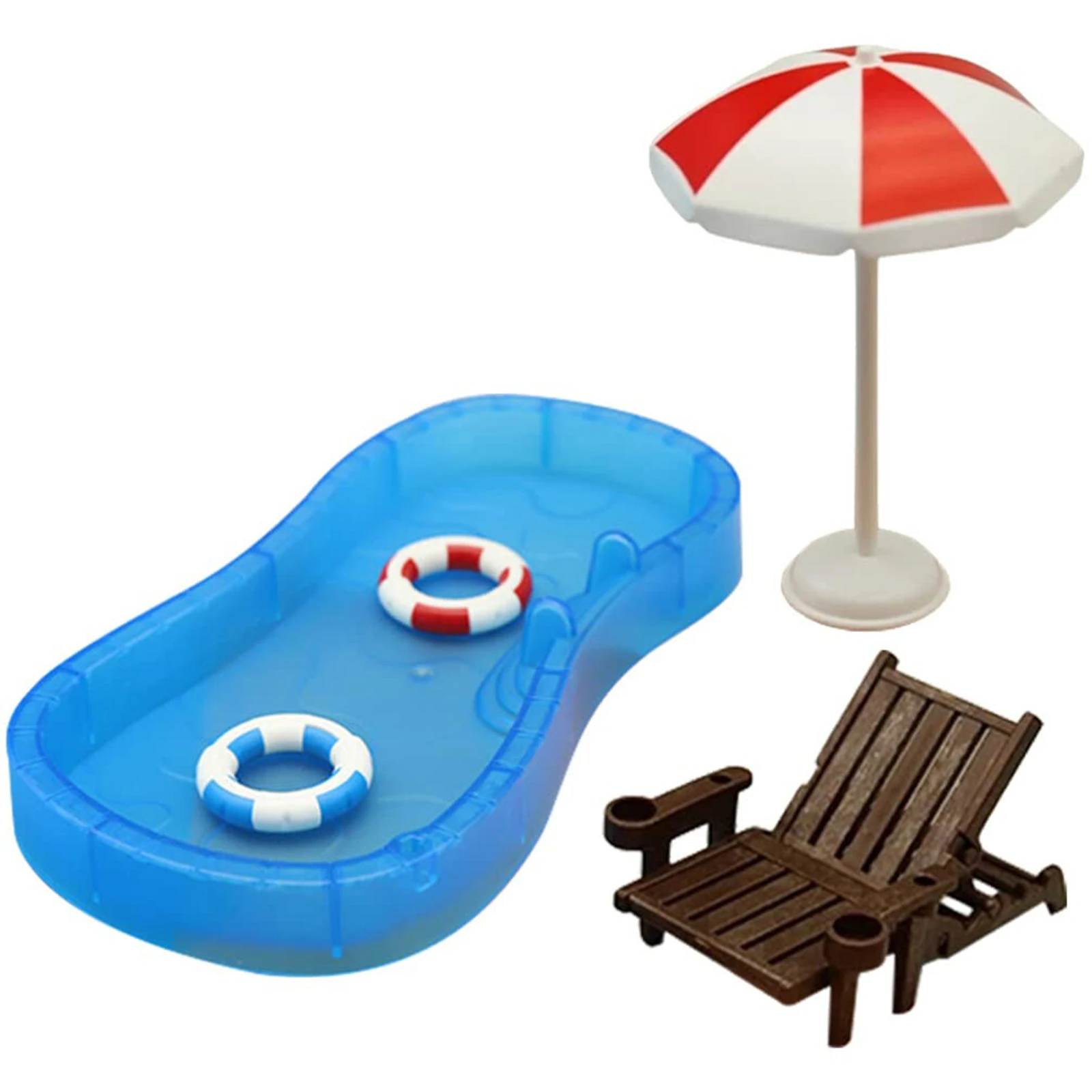 1 Set Miniature Swimming Mini Pool Circle Plastic Beach Chair Umbrella Model Doll House Furniture Garden Ocean Cake Toppers