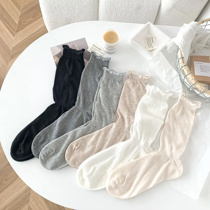 5 Pairs of Japanese Socks for Women's Spring and Summer New Cylinder Solid Color Thin Mesh Breathable Maillard Cotton Socks