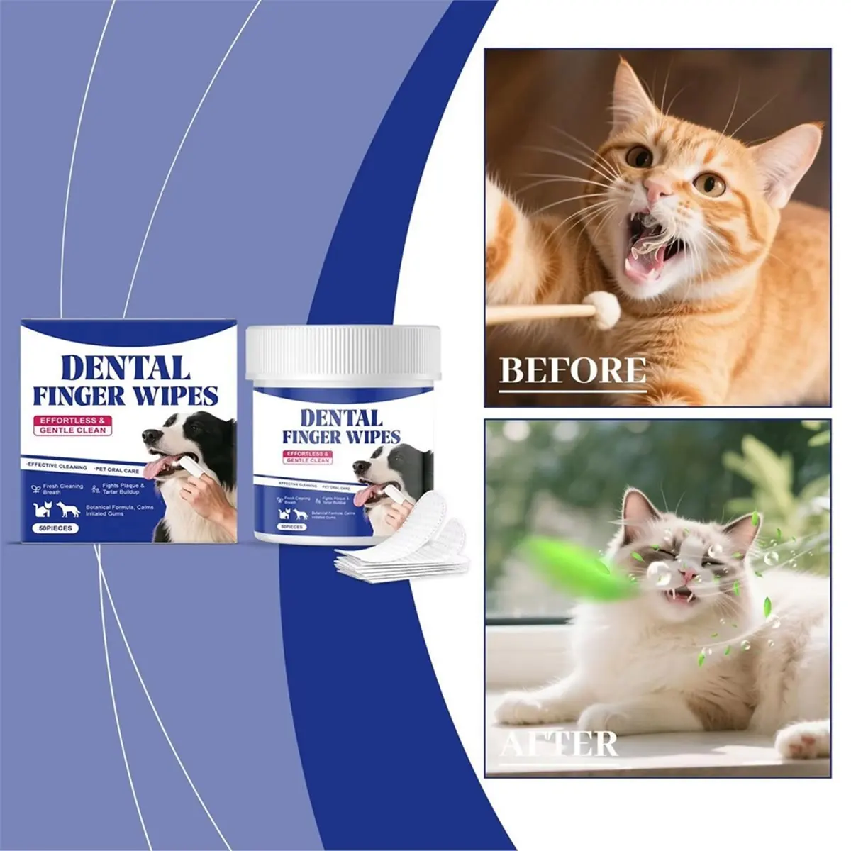 A67T NEW Dog Teeth Cleaning Wipes 50-Piece Healthy Gentle Grooming Cat Tooth Cleaner Finger Wipes for Small Medium Large Puppy