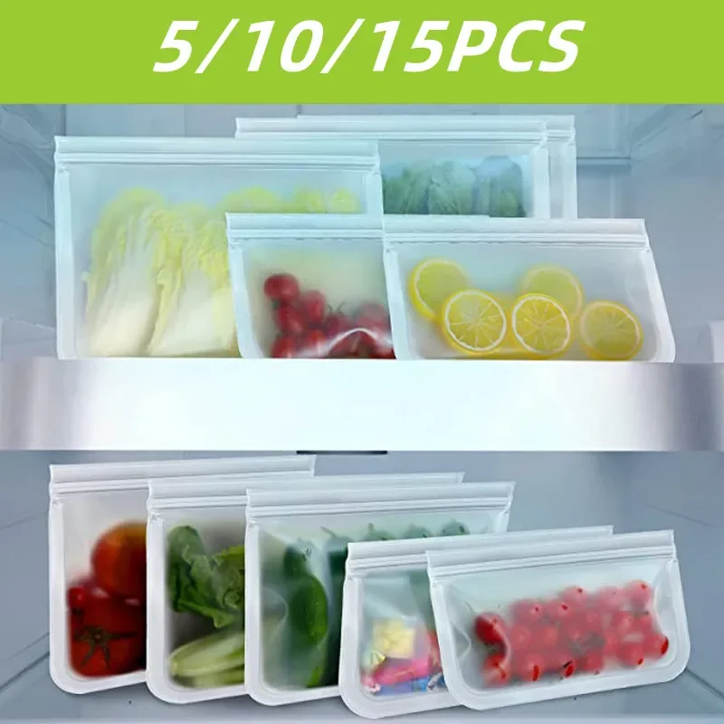 

15Pcs Reusable Food Storage Bag LargeSize EVA Silicone Snack Fruit Packing Organizer Leakproof Ziplock Bag Double Sealed Freezer