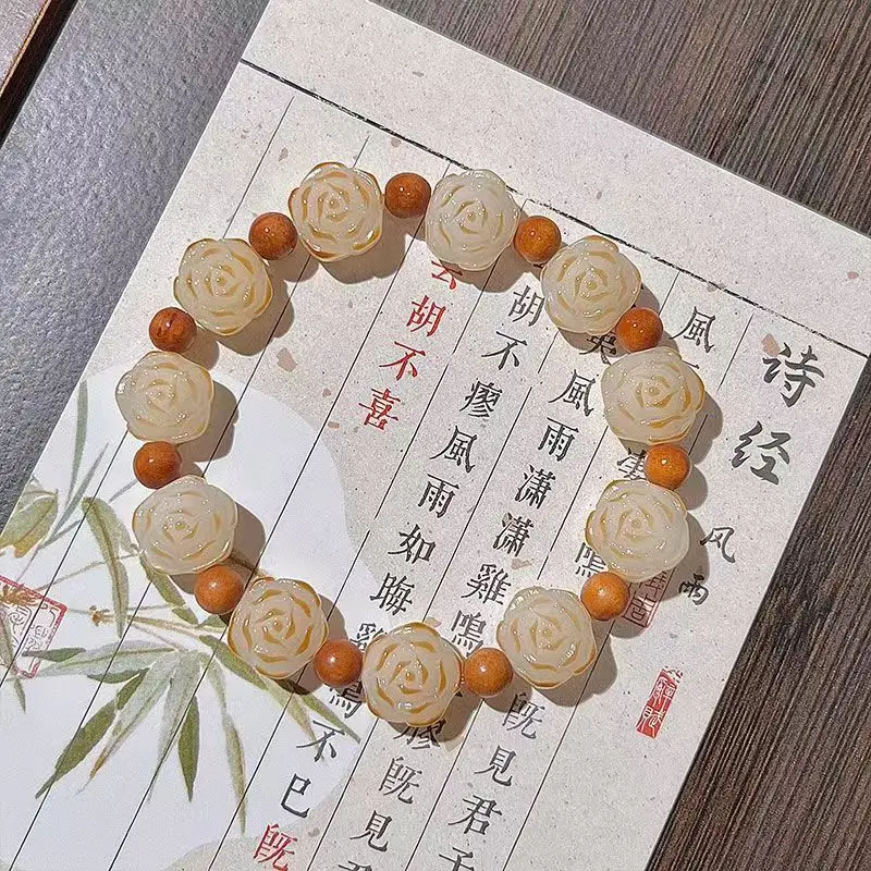 Camellia White Jade Bodhi Root Collectables-Autograph Bracelet Carved Charcoal Bodhi Rose Niche Bracelet Artistic Cold Door Orna