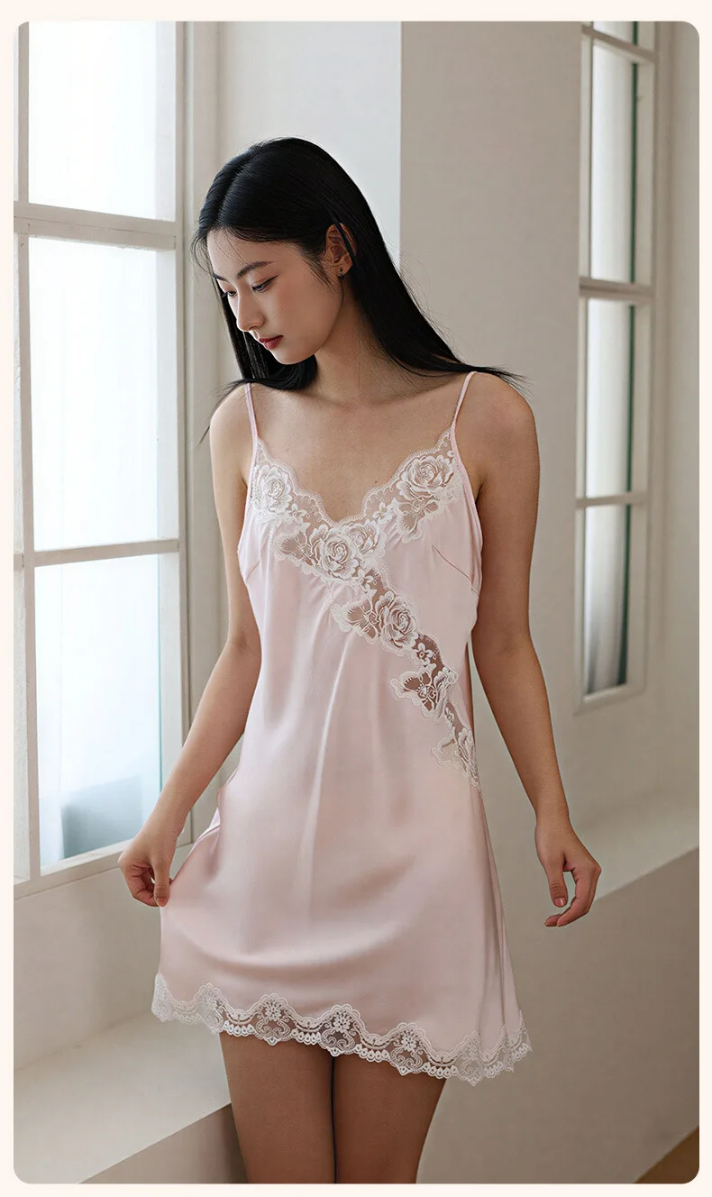 19MM 100% Real Mulberry Silk Lace Trim Women's Backless Nightdress Pink Mini Nightgown Spaghetti Straps Summer Sleepwear Pajamas