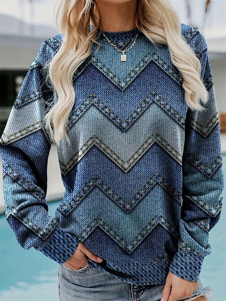 Women's Pullover Polyester Geometric Print Crew Neck Long Sleeve Inelastic Spring Fall Comfrt Breathable Soft Fabric 2025 Top ﻿