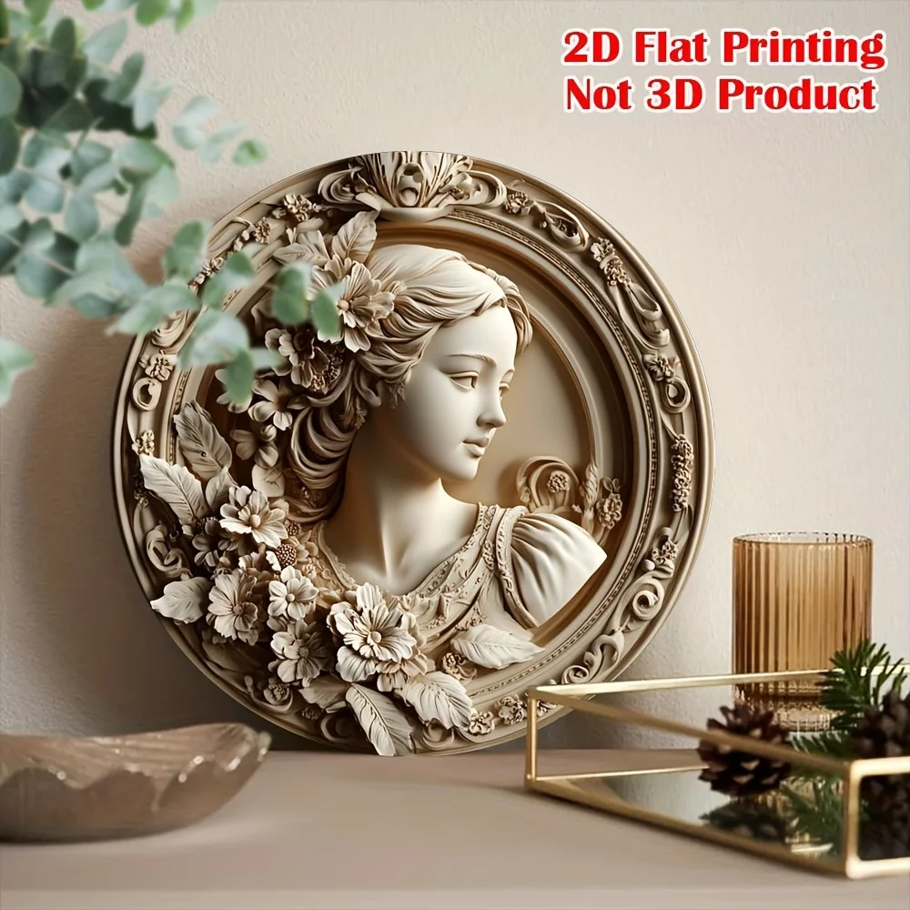 2D Flat, 1pc, Girl Portrait Theme Round Aluminum Sign Artwork, Home Holiday Wall Decor, Multifunctional Vintage Decoration, No E