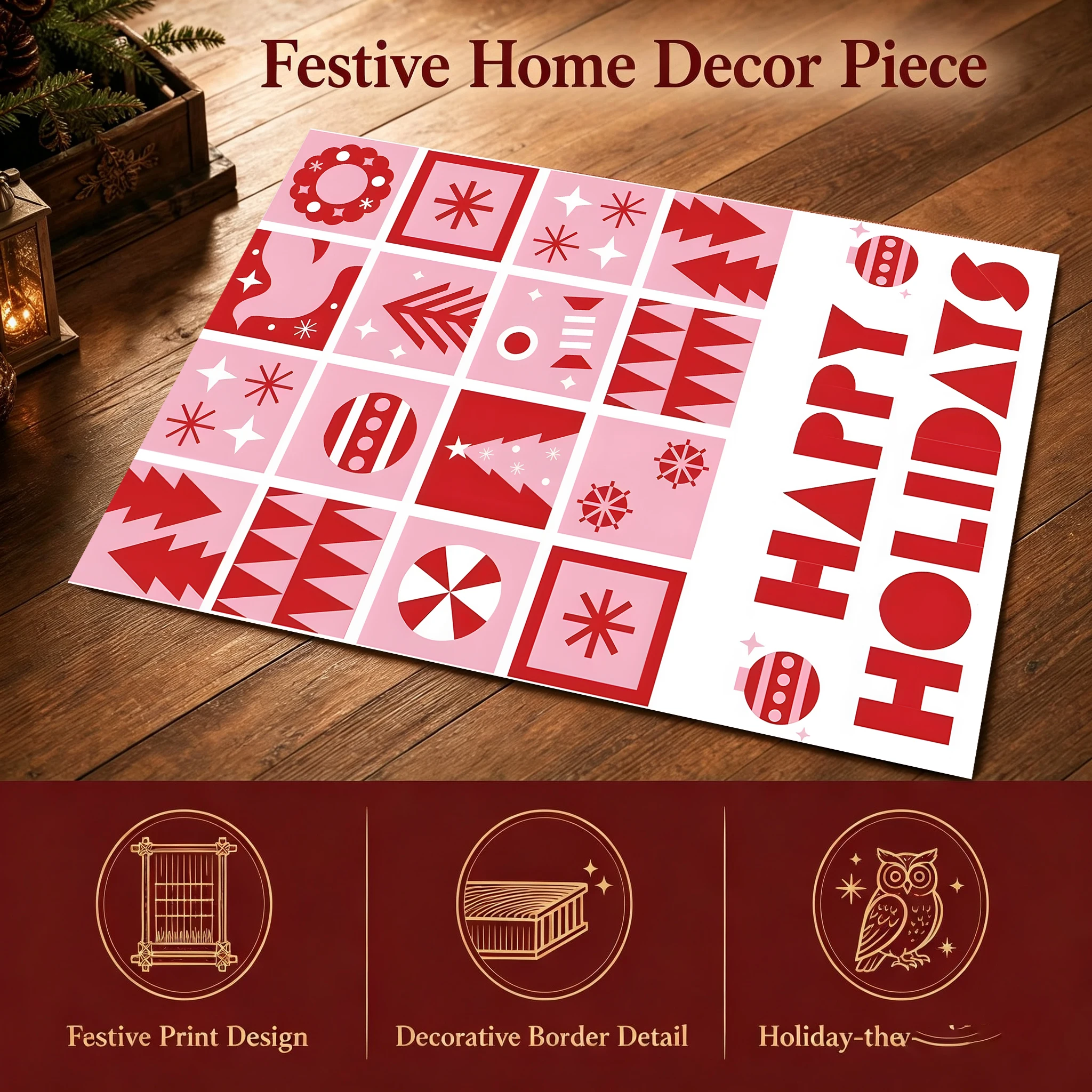 Velvet Rug Pink Christmas Geometric Plaid Happy Holidays Slogan Sweet Retro Style for Entryway Bedroom Bedside Decor