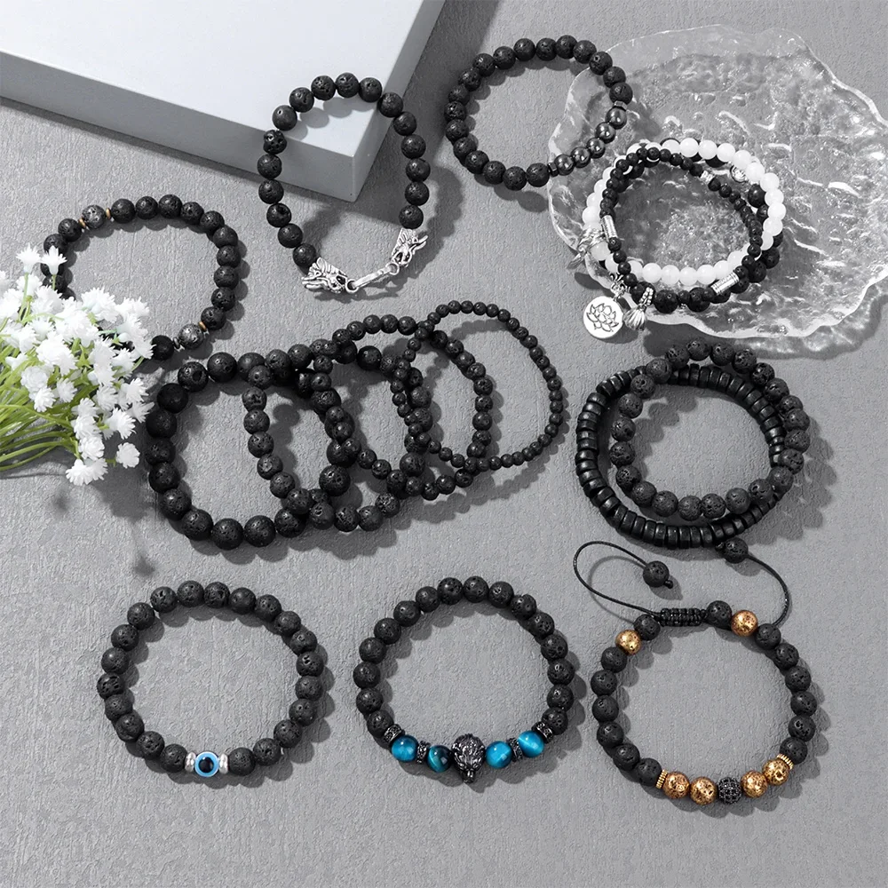 Natural Black Lava Volcanic Stone Bracelet Beaded Essential Oil Diffuser Elastic Stretch Religion Bracelets Bangle for Women Men