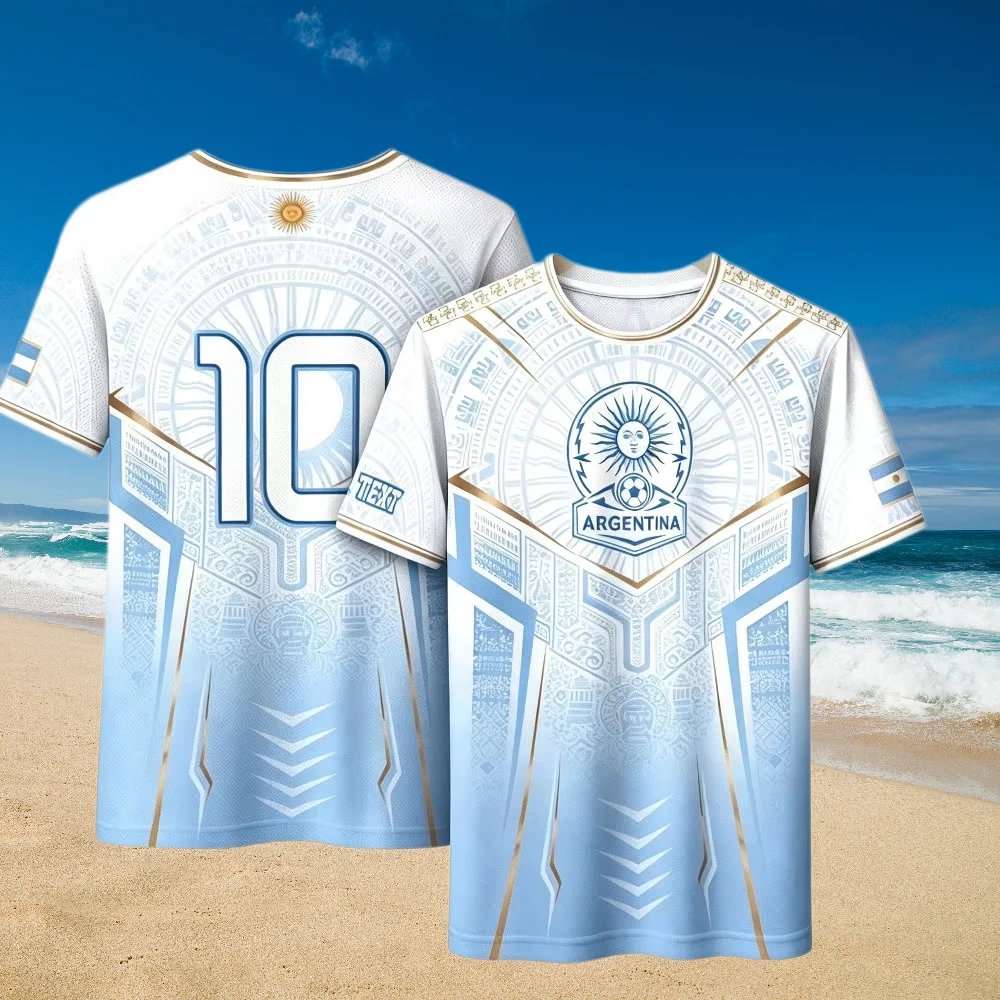 Men's Trendy Fashion Blue-white Gradient Argentina Print Sports T-shirt, Quick-dry Breathable Football Match Sports Top