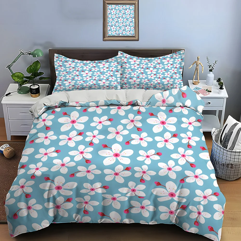White flowers on blue background Print Soft Comfortable Duvet Cover Bedding Set Included 1*Duvet Cover  2*Pillowcases