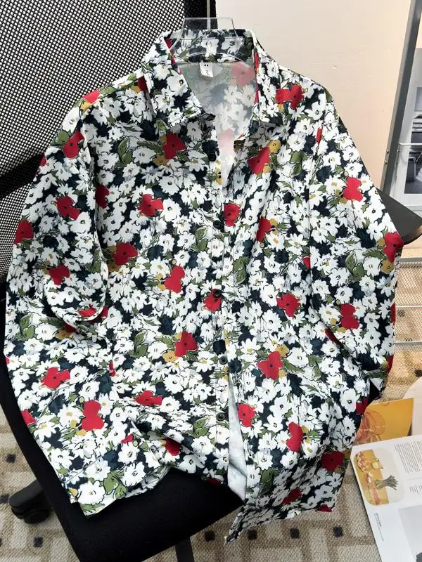 

Рубашка в стиле ретро с гонконгским принтом под масляную живопись, повседневная, свободного кроя, с длинным рукавом, уникальный дизайн, весна-осень, модный цветочный принт, мужская рубашка