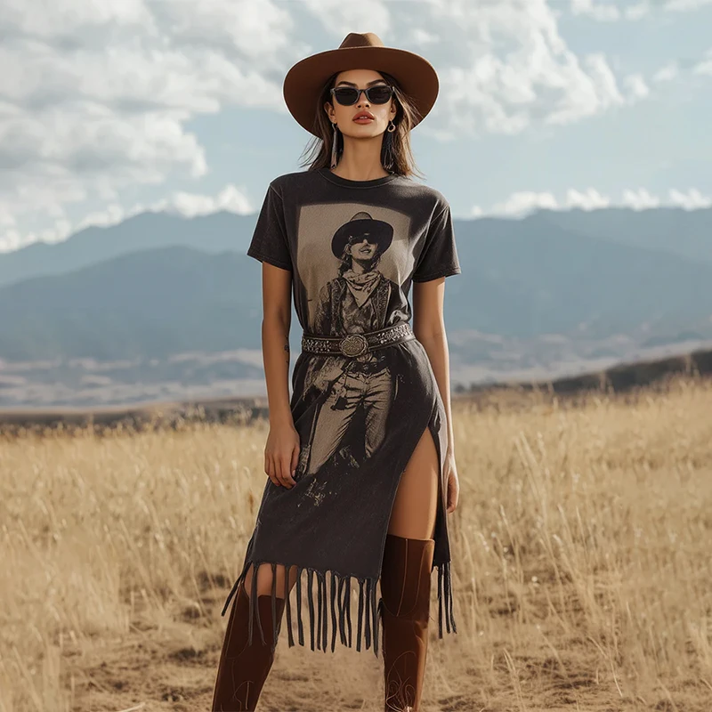 

Vintage Western Print Crew Neck Short Sleeve Tassel Maxi Dress for Women Casual Summer Split Hem Streetwear Female Dress