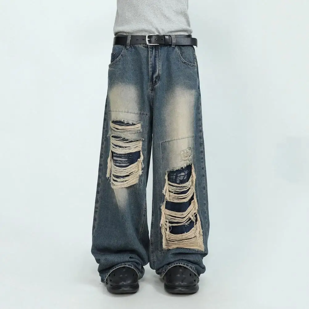 

Hip Hop Women Jeans High Waist Loose Ripped Hole Distressed Jeans Straight Gothic Pockets Streetwear Full Length Denim Trousers