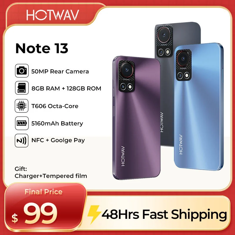 新しいオリジナル HOTWAV Note 13 スマートフォン Android 13 6.6 ''HD+ 8GB (4+4) RAM+128GB ROM 50MP 5160mAh バッテリー携帯電話