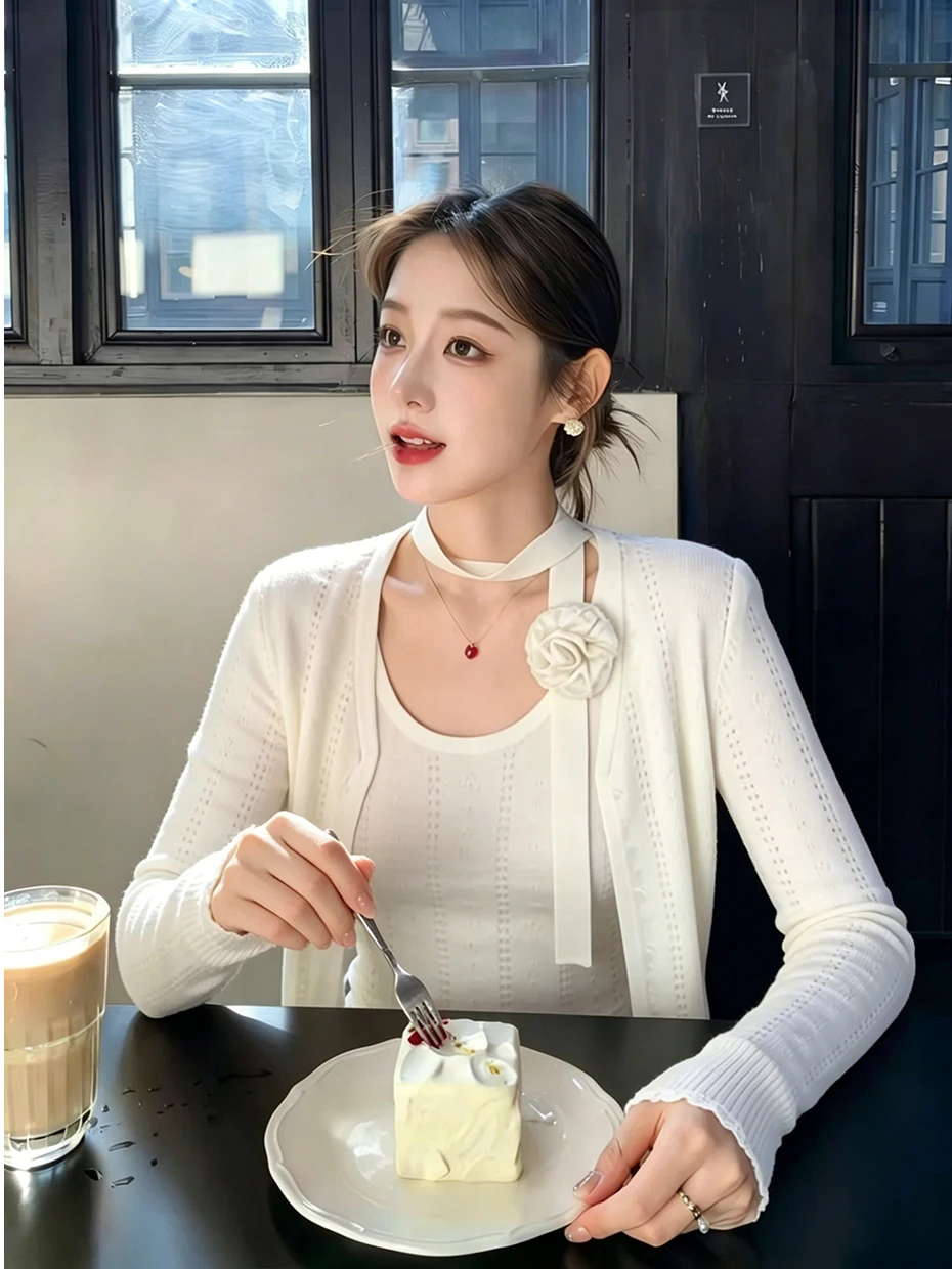 White Knitted Hollow out Cardigan with Strap Women's Summer Outerwear Unique Beautiful Top Polyester Fiber Long Sleeve Slim Fit view 4