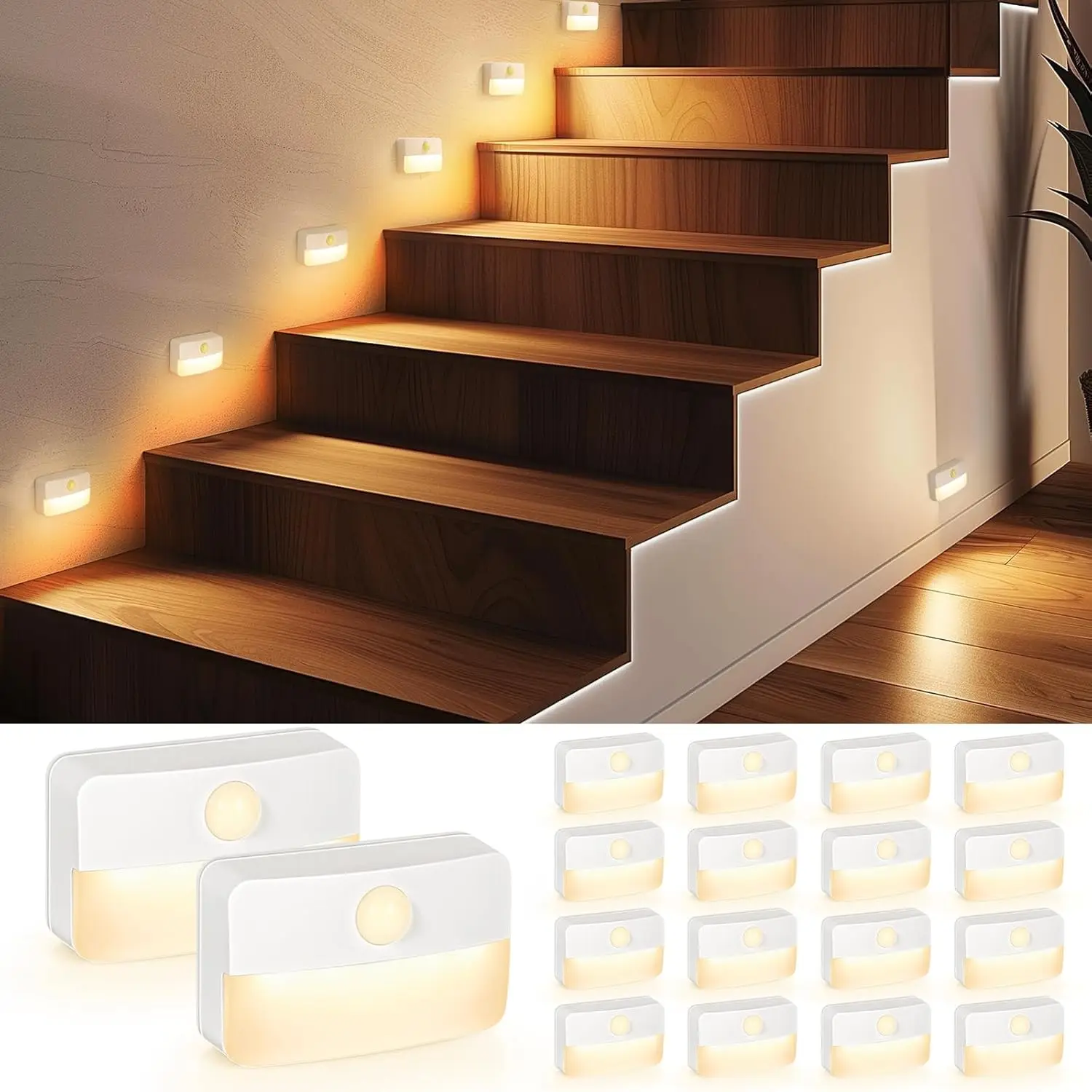 16 Pack Motion Sensor Stair Lights, Battery Operated LED Night Lamps for Indoor Use in Hallway, Bedroom, Kitchen