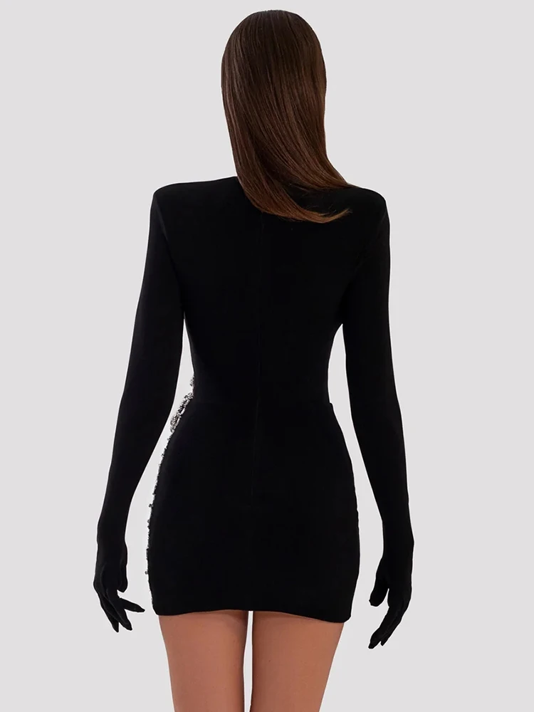 PB Hotsale Luxury Diamond Tight Black Women'S Sexy High Neck Long Sleeve Crystal Bodycon Dress Elegant Evening Party Mini Dress