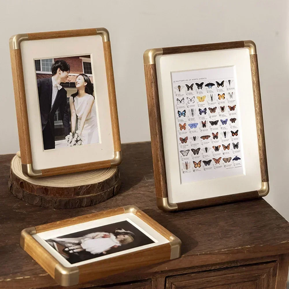Walnut Picture Frame with Brass Horn 5 6 7 8 Inches Solid Wood Vintage Tabletop Desktop Decor DIY Crafts Gift Handmade Rustic