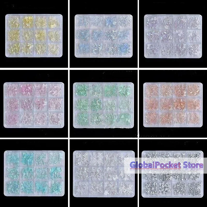120 Pieces Iridescent Aurora Bow Nail Charms With Clear Storage Box Perfect For DIY Manicure Nail Art Home Salon Use Bowtie
