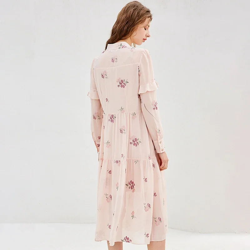 OLrain Womens Dresses Embroidered Autumn 2025 New Chiffon Long Sleeve Ruffles Party Elegant Bow V-Neck A-line Dress 9CLC18063