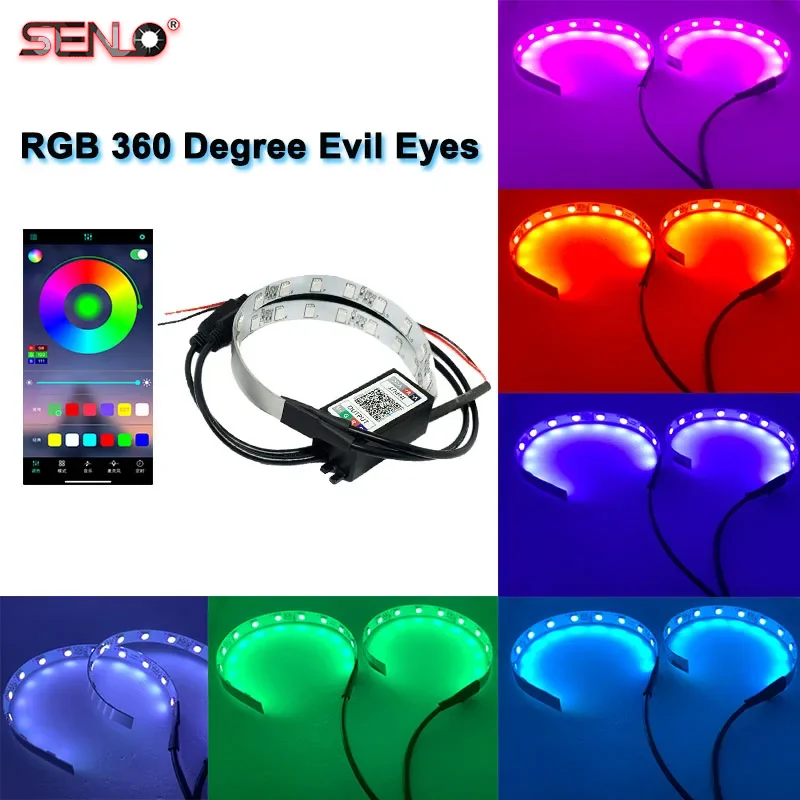 SENLO 2PCS/SET RGB 360 Degree Demon Eyes Angel Devil Eyes Bluetooth APP Control Car Headlights Halo Rings Kit SUV JEEP Truck