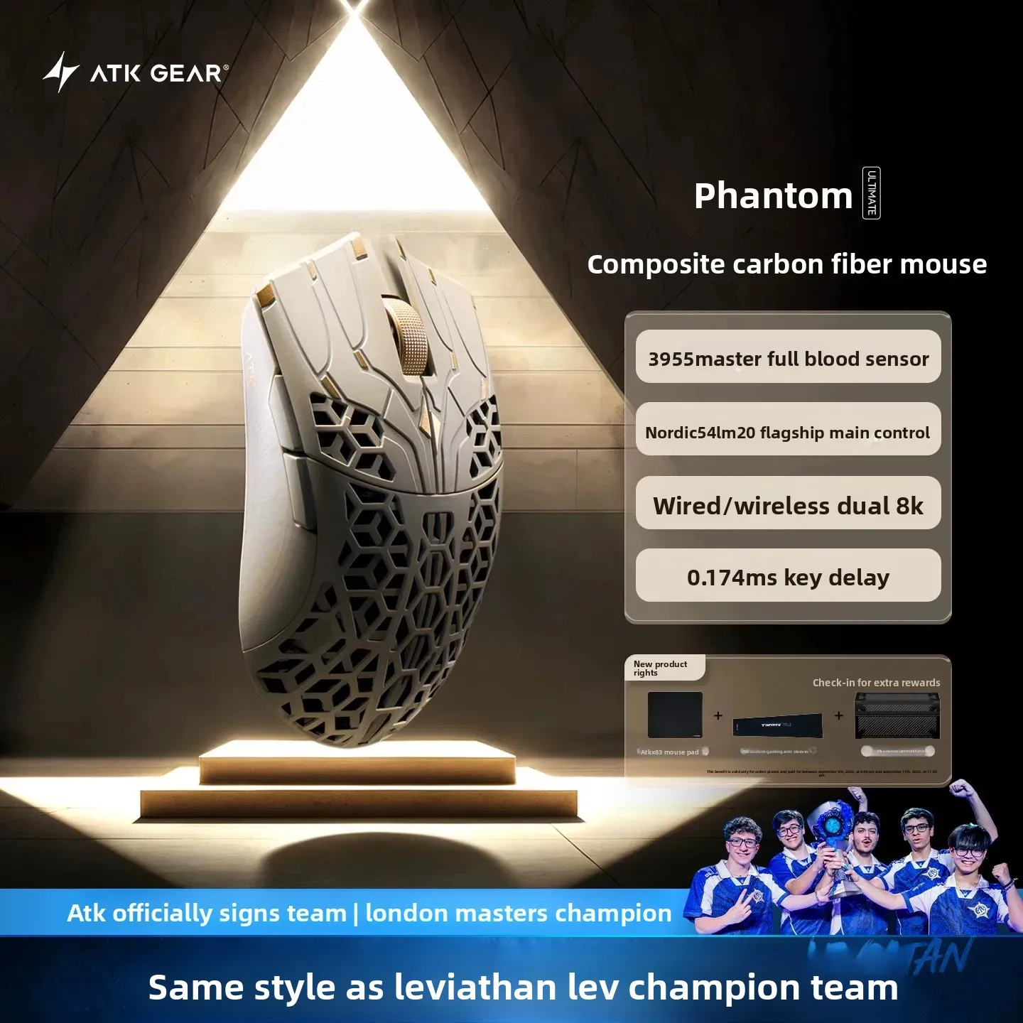 ATK Phantom Ultimate Gaming Mouse Carbon‑Fiber Dual 8K Wired‑Wireless PAW3955MASTER E‑Sports Mouse For PC Gamer Customized Gift