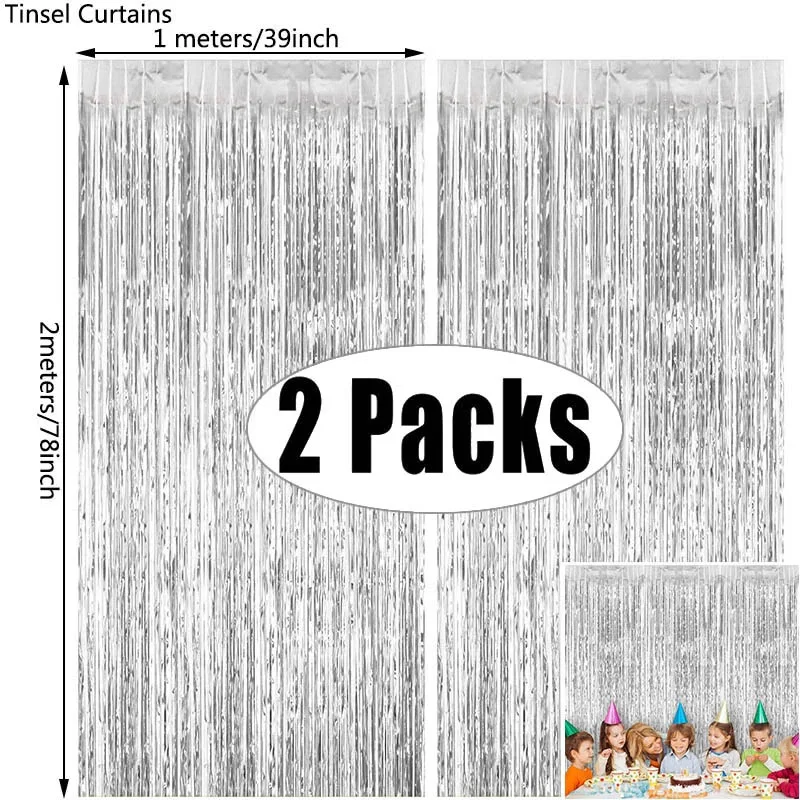 2Pack 1X2M Silver Metallic Foil Tinsel Fringe Curtain Backdrop Birthday Wedding Bachelorette Party Decoration Adult Anniversary