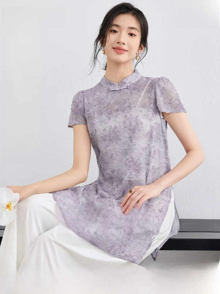 

Elegant National Style Women's Shirt Spring 2026 Stand Collar Button Bubble Sleeve Split Floral Texture Top Warm Short Sleeve