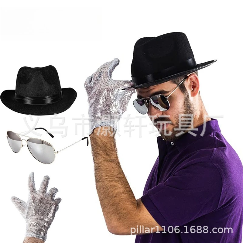 Conjunto de Guantes de Lentejuelas, Sombrero de Copa y Gafas de Michael Jackson, Cantante de Pop Rock, Accesorios Creativos para Actuaciones en Escenario