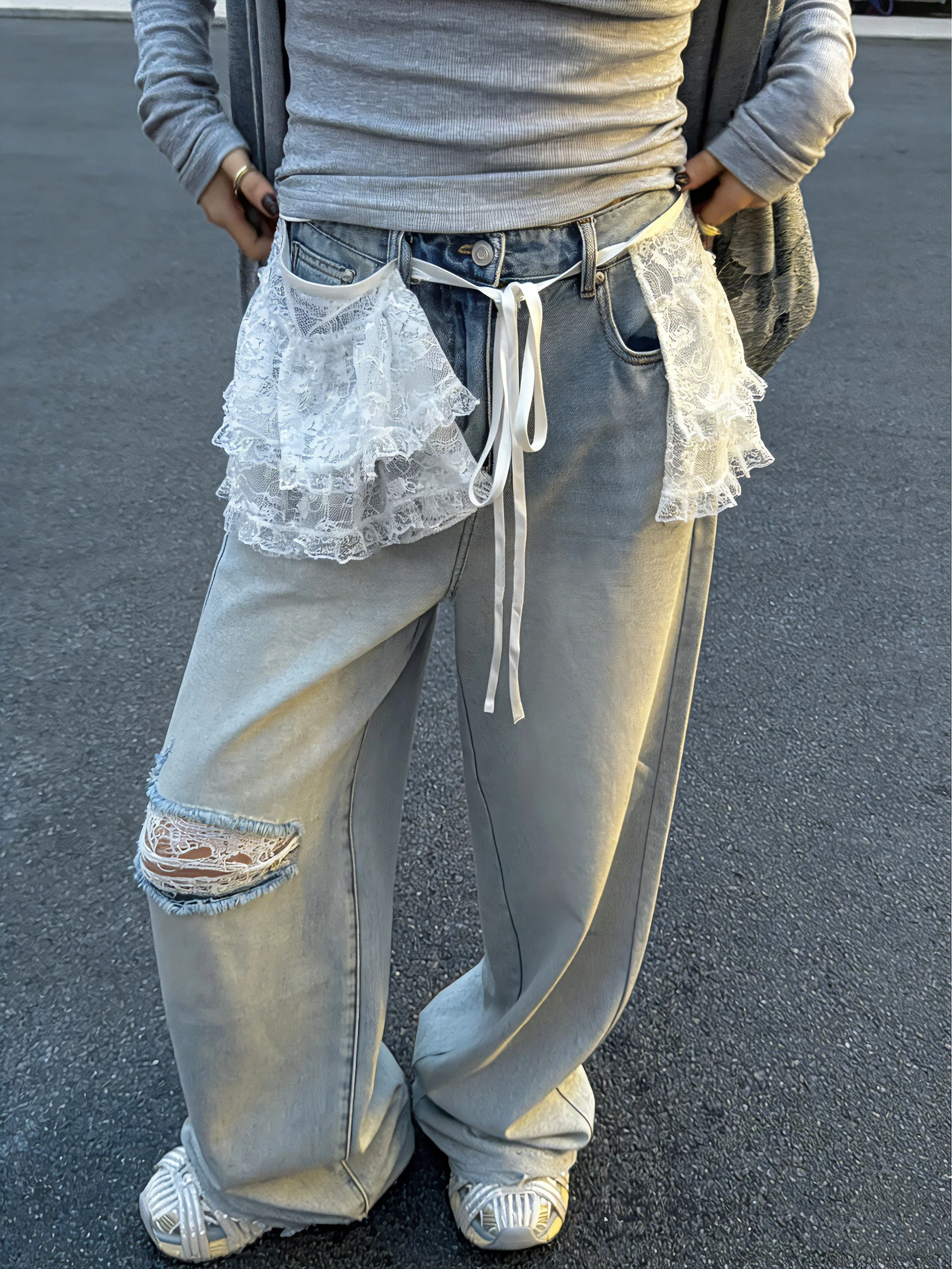 

Korean Chic Lace Splice Apron Denim Pants Women's Spring Autumn Faion Loose Slim Wide Leg Long Trousers Casual Sle