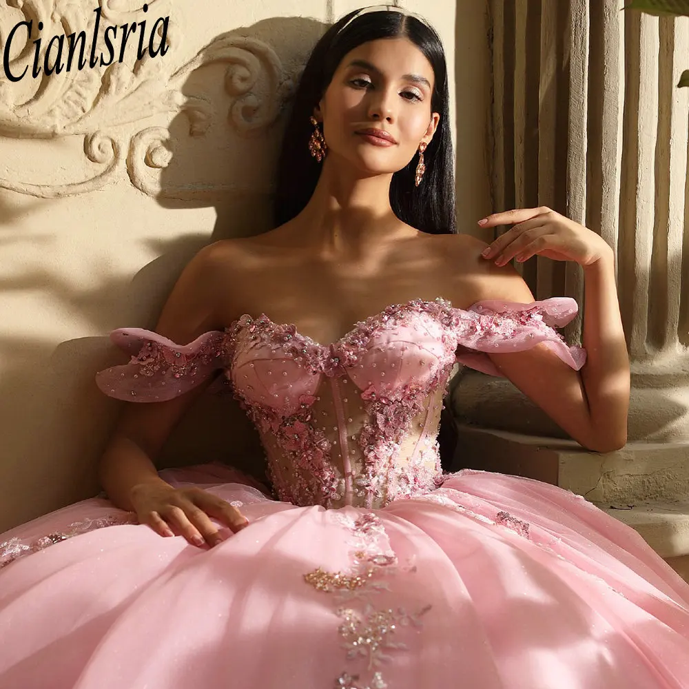 الوردي الديكور اللؤلؤ القوس فساتين Quinceanera الكرة ثوب مطرزة يزين الدانتيل الحلو 15 Años المكسيكي مخصص #3