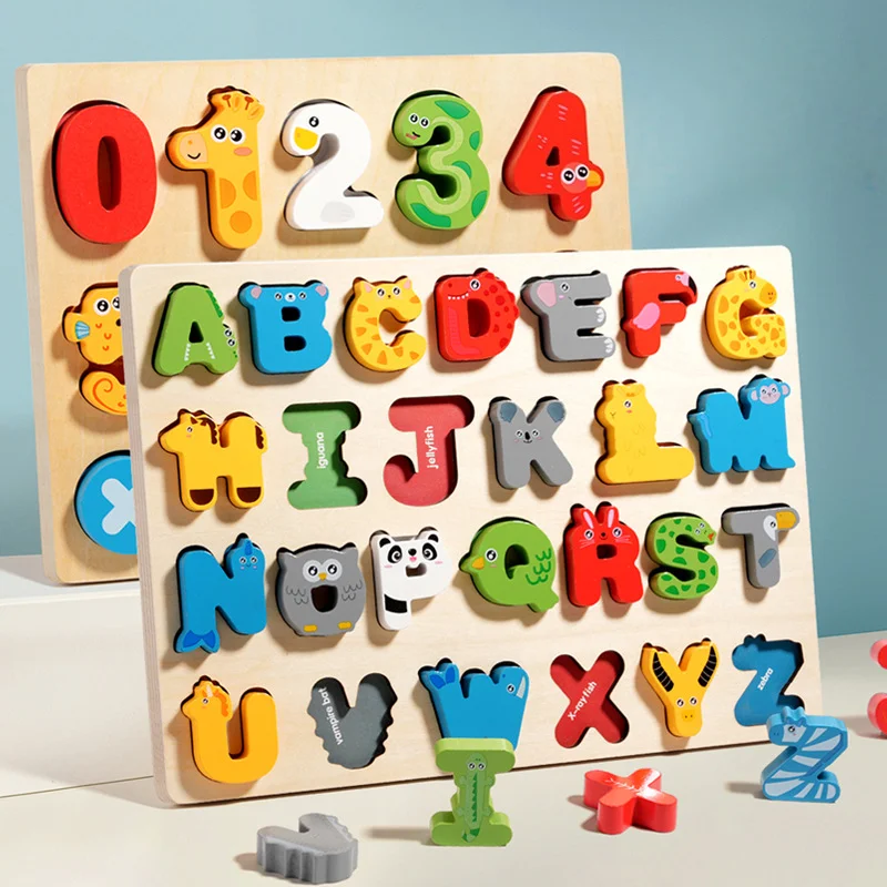 

Cartoon Alphabet Puzzle Matching Board for Baby Letters Numbers Cognitive Pairing Wooden Puzzles Kids Early Education Toys Gifts