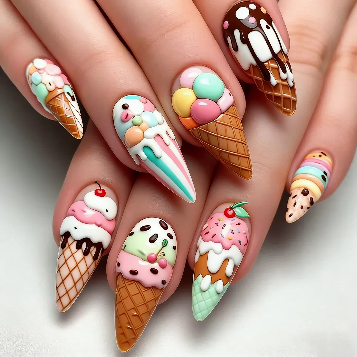 Macaron Ice Cream Press On Nails Summer Day Sweet Detachable False Nails Colorful Almond Fake Nail Wearable Full Cover Nail Tip