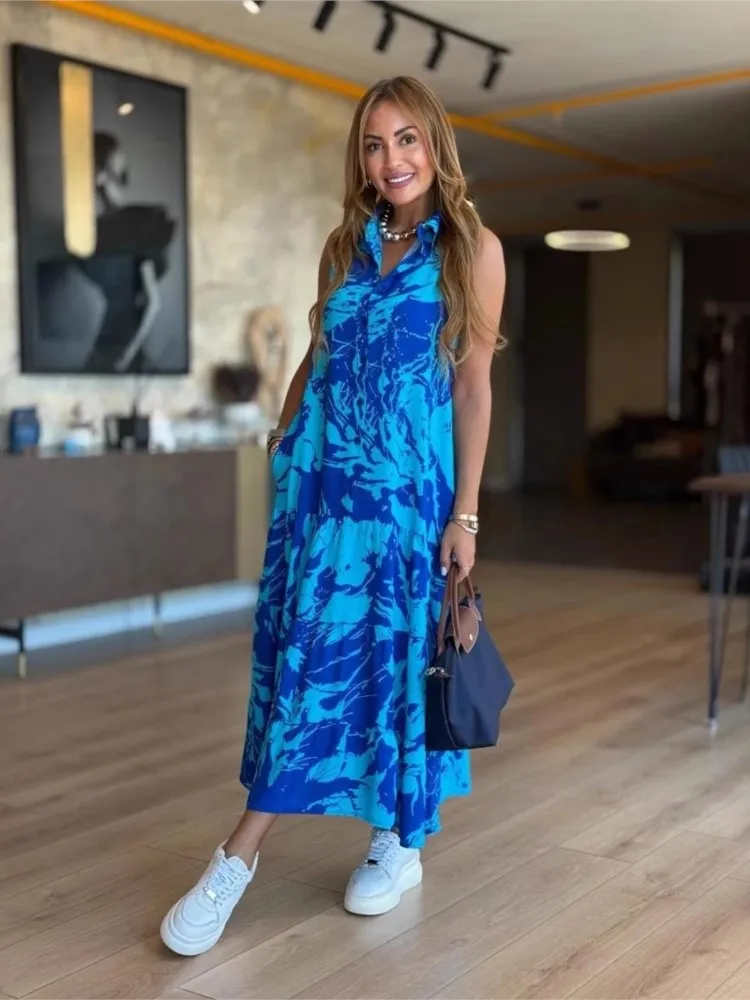 New Summer Fashion V-neck Sleeveless Print Boho Dress Women's Elegant Casual Loose Beach Party Holiday Dresses Robe Femme