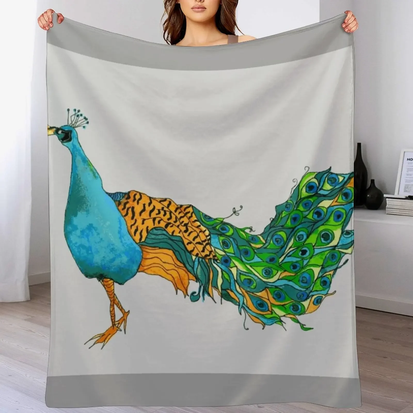 

Peacock Watercolour Illustration Throw Blanket Durable Warm Blanket for Daily Home Use