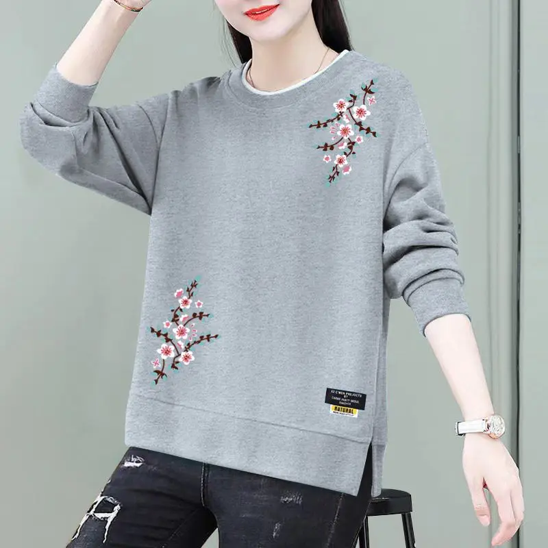 Spring Autumn Round Neck Women\'s Clothing Pullover Lantern Long Sleeve Hoodies Casual Elegant Office Lady Plant&Flowers Tops