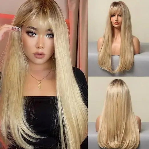 

Long Straight Silky Wigs with Bangs Blonde Ombre Soft Hair Wig for Women Cosplay Party Lolita Natural Heat Resistant Fake Hairs