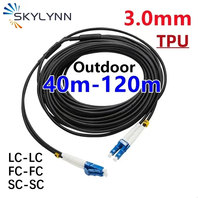 TPU Armored jumper 2cores Fiber optic Patchcord 3mm 40M-120M waterproof Customizable LC FC SC ST APC Singlemode G657A2 Outdoor