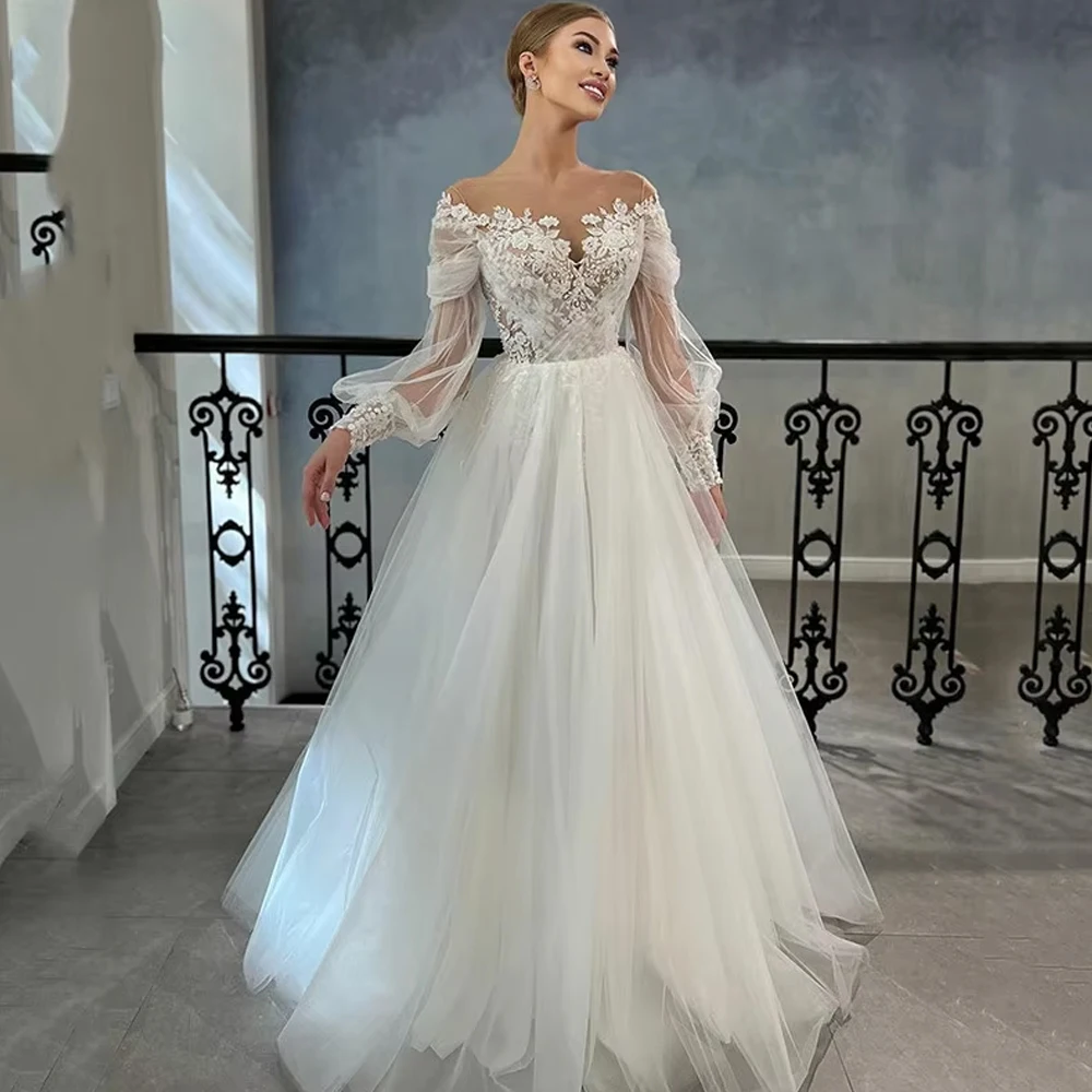 Customized Elegant Wedding Dress For Woman Bride Off Shoulder Bubble Sleeves Lace Decal A-line Long Sleeved Bridal Gown