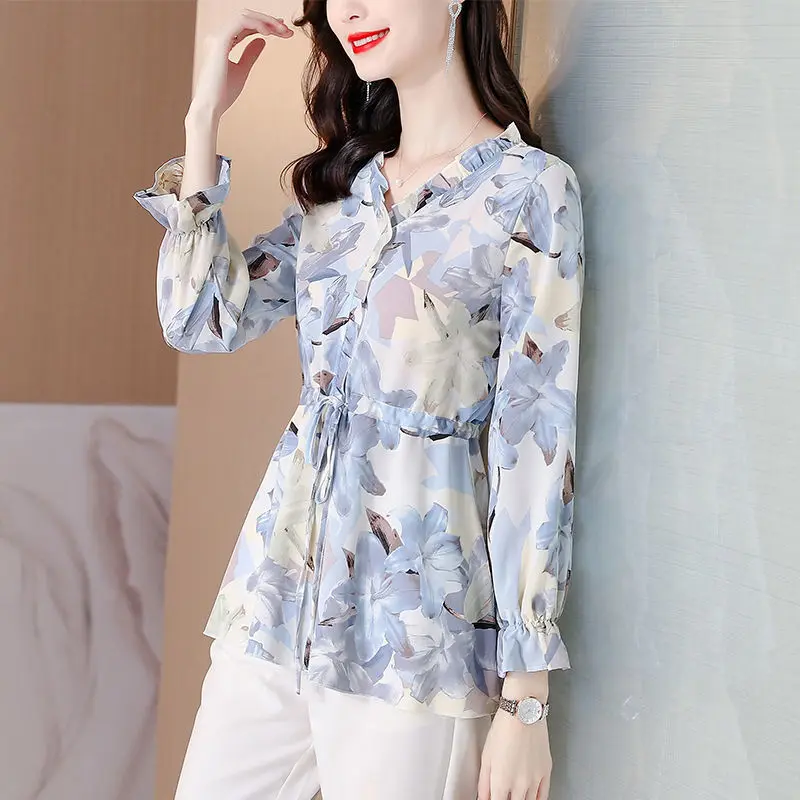 Fashion Chiffon V-Neck Floral Blouse 2023 Autumn Elegant All-match Shirring Lace Up Flare Sleeve Printed Shirt Women's Clothing