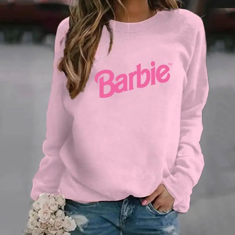 Barbie Cotton Women\'s Summer Spring Long Sleeve T-Shirt Top Cartoon 2024 New Barbie Printed Round Neck Sweatshirt Girls Gift