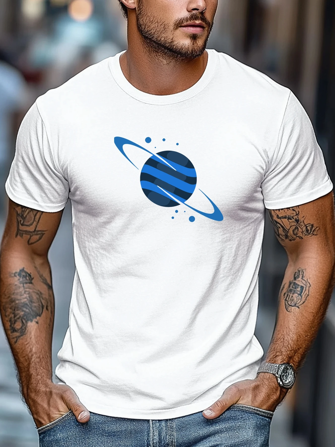 Men Black Crew Neck Tee Modern Blue Striped Saturn Planet With Tiny Stars Cosmic Space Galaxy Soft Cotton Male Casual Tops