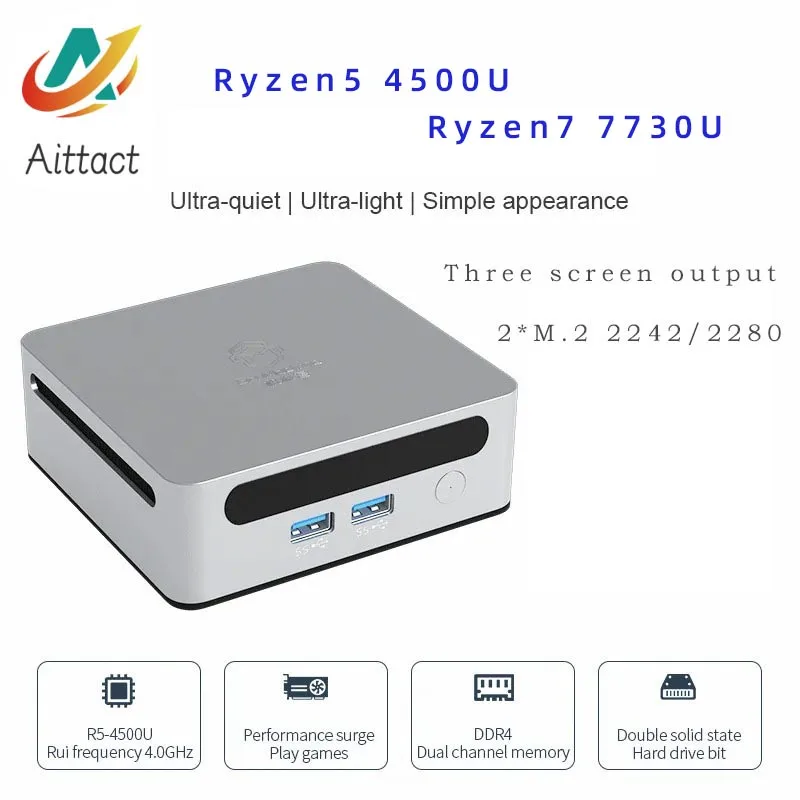 AITTACT New Mini PC AMD Ryzen5 4500U Ryzen7 7730U 1500MHZ GPU Windows 10/11 DDR4 Suporte 64GB RAM WiFi6 NUC