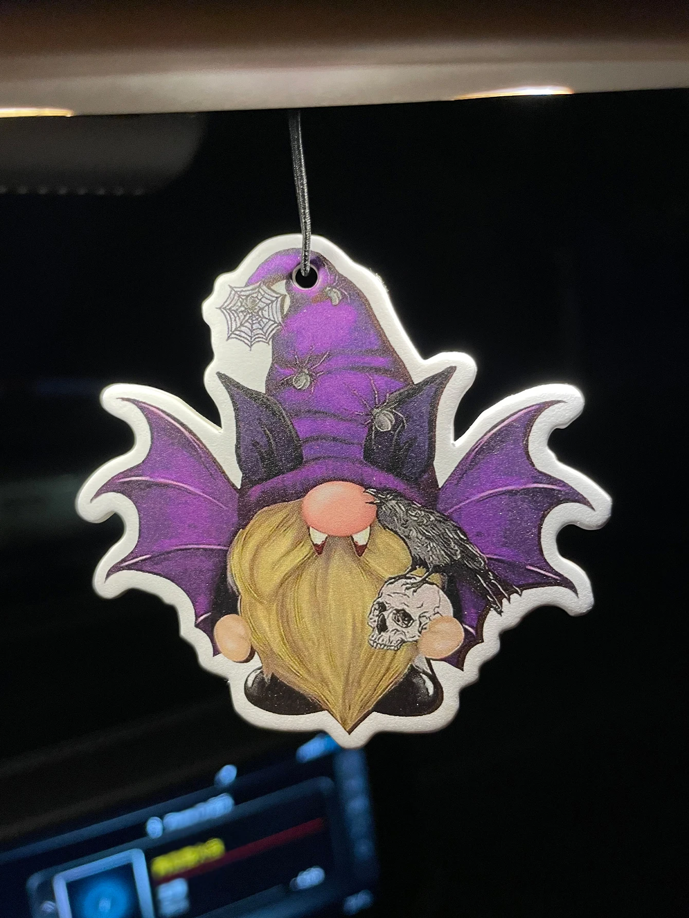 Halloween Gnome With Bat Wings Spider Web Raven Skull Hanging Car Air Freshener, Spooky Gothic Gnome Scented Paper Card, Natural
