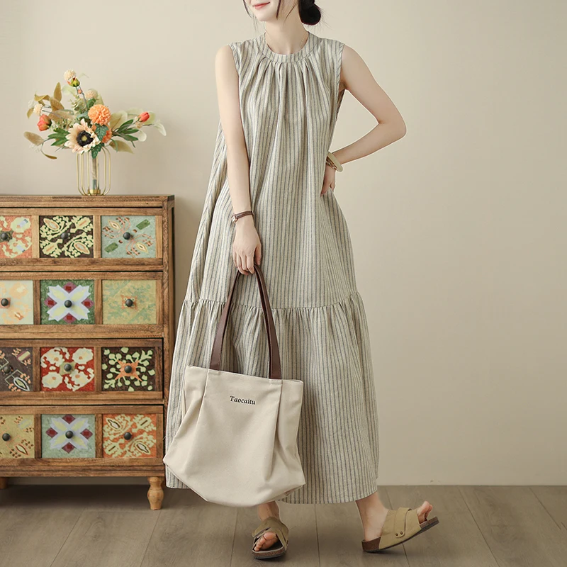 Vestido de Aodão e Linho Colorido com Saia em Camadas, Decote nas Costas, tras Verticais, Casual, Solto, Cintura A-Line,...