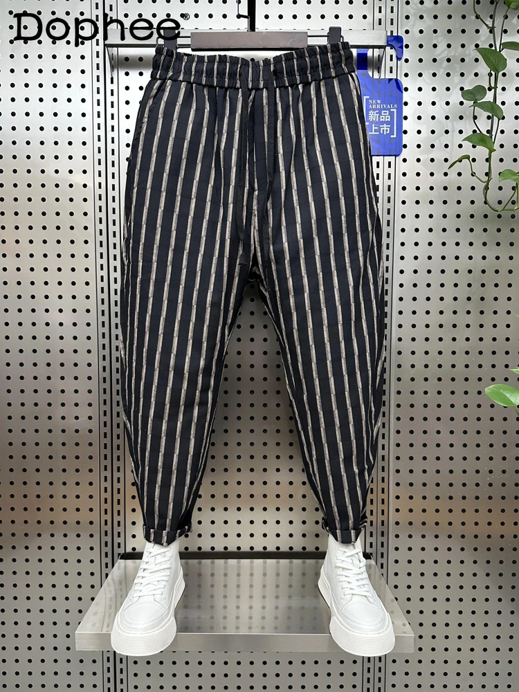 

Summer New Fashion Trend Striped Slim Casual Pants Men Cotton Linen Breathable Comfortable Loose Youth Popular Nine-point Pants