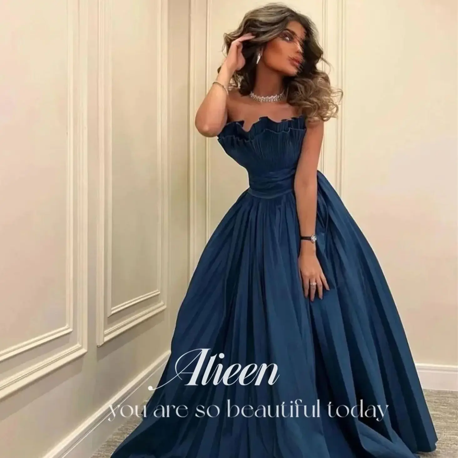 A-line Satin Dark Blue Off the Shoulders Chubby Elegant Party Dresses on Offer Liquidation Evening Woman Gala Prom Customized